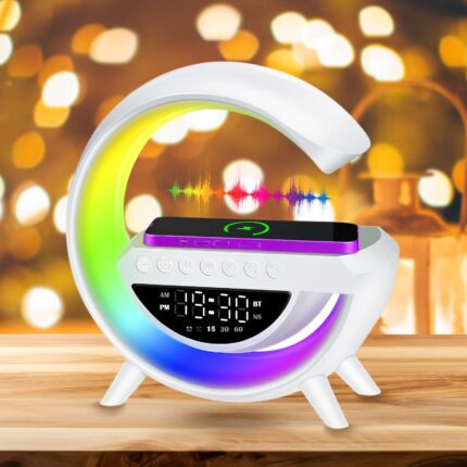 Lampada Led Caricabatteria Wireless Cassa Speaker A Forma G Con Sveglia Display
